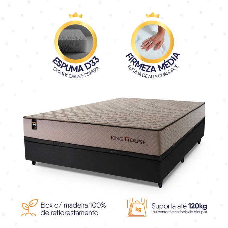 Cama Box Baú San Diego 138x188 Bege e Preto Espuma D33