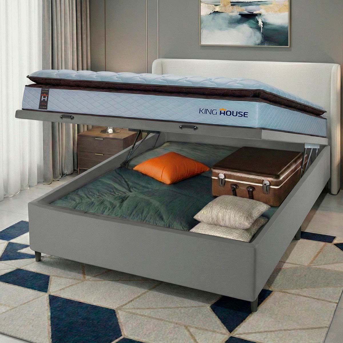 Cama Box Baú San Diego 138x188 Branco e Cinza Espuma D33