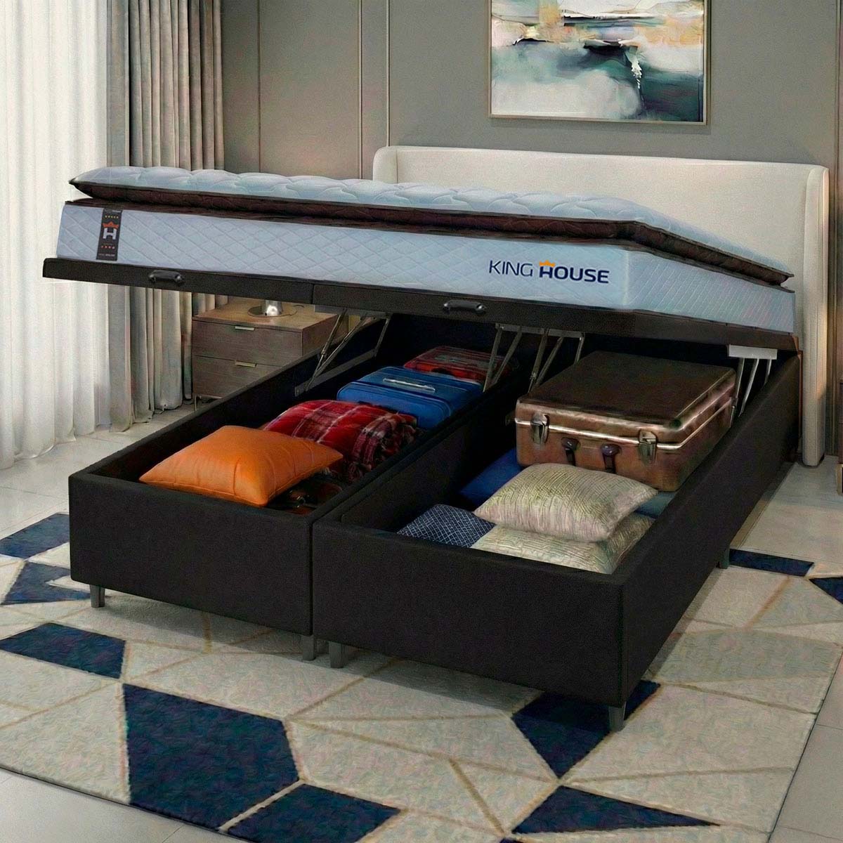Cama Box Baú San Diego 158x198 Branco e Preto