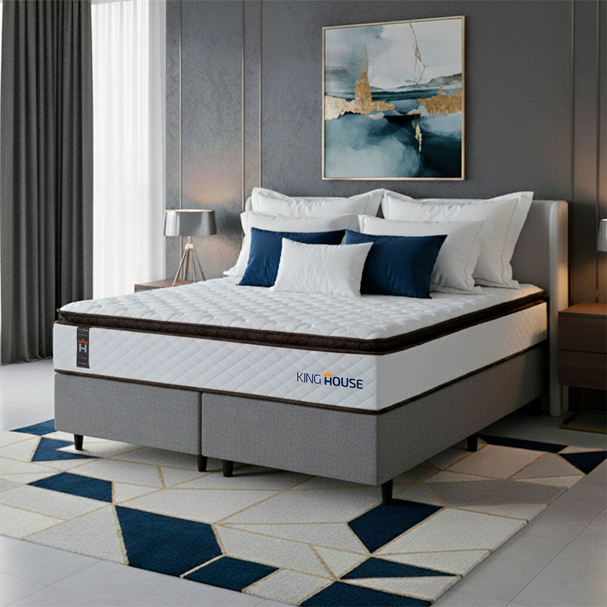 Cama Box San Diego Espuma King 193x203 Branco e Cinza Espuma D33