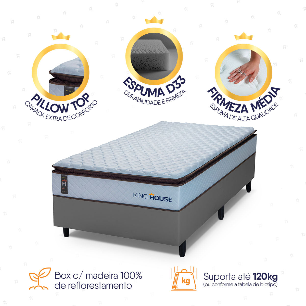 Cama Box Espuma San Diego Solteirão 96x203 2 Branco e Cinza Espuma D33