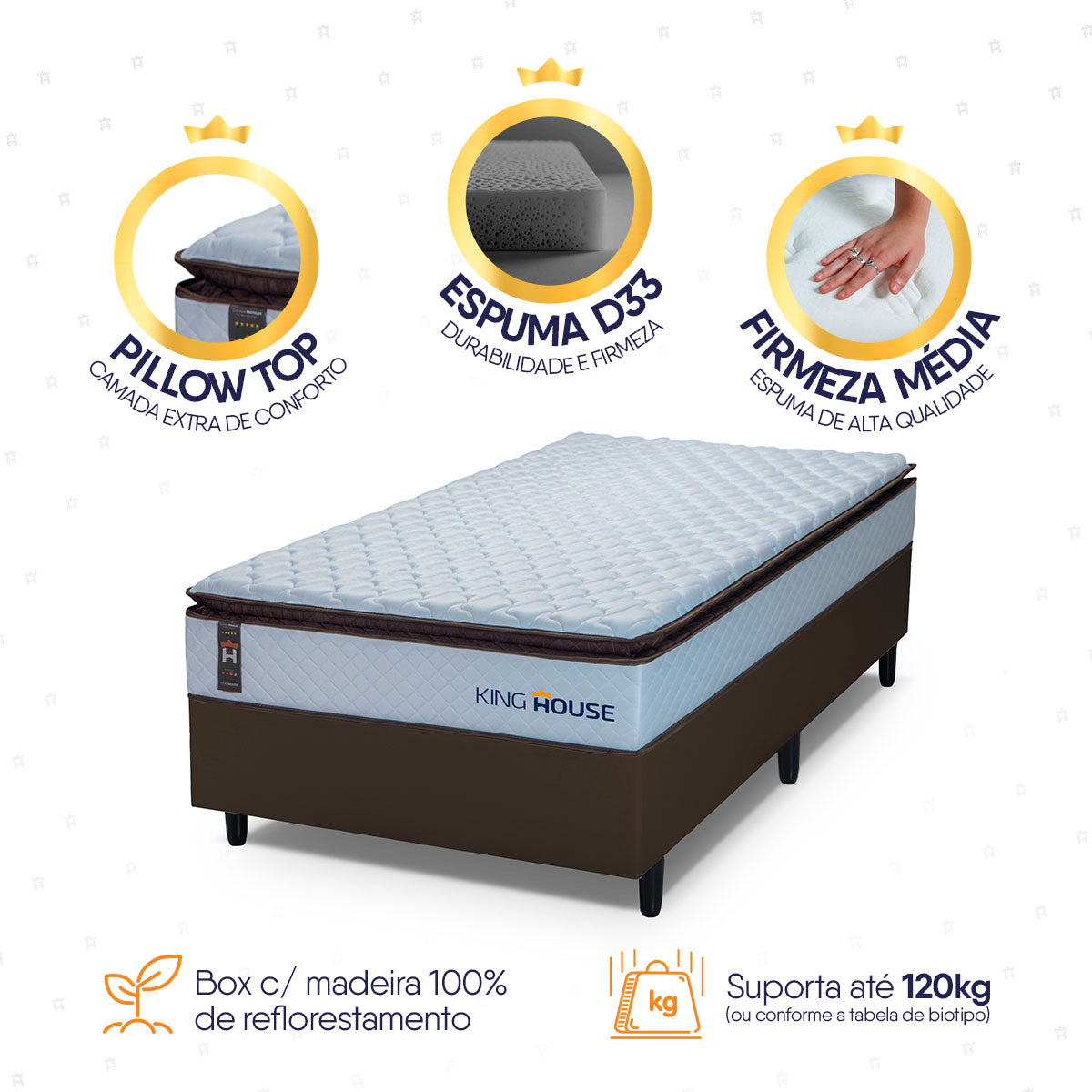 Cama Box Espuma San Diego Solteirão 96x203 Branco e Marrom Espuma D33