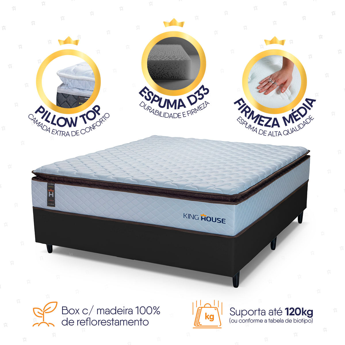 Cama Box Espuma San Diego Casal 138x188 Branco e Preto Espuma D33