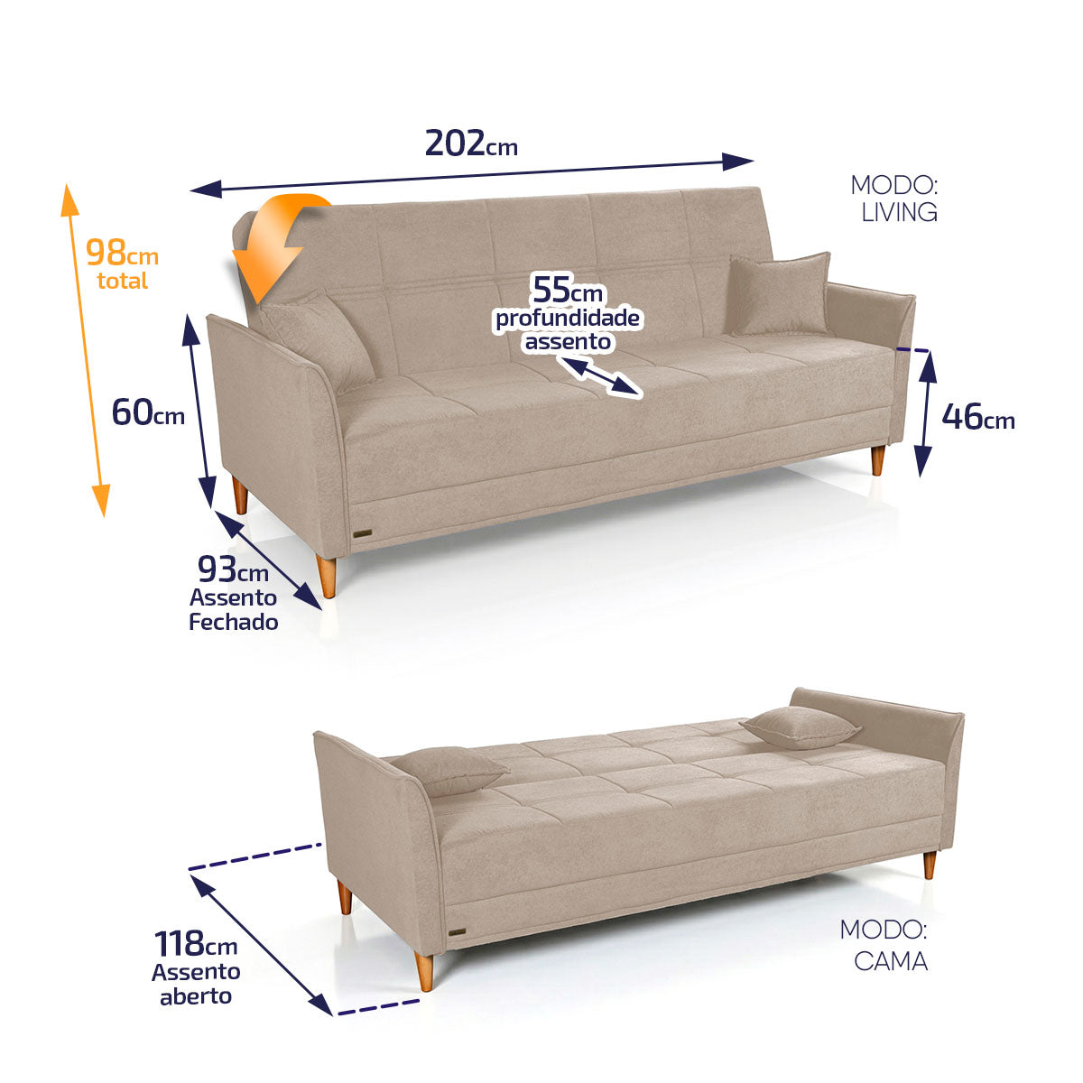 Sofá Cama Sérvia 2,02m Reclinável Bouclê Bege