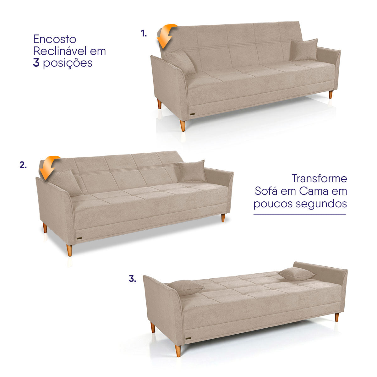 Sofá Cama Sérvia 2,02m Reclinável Bouclê Bege