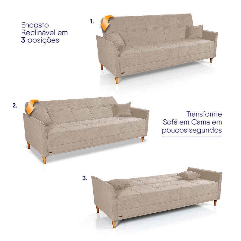 Sofá Cama Sérvia 2,02m Reclinável Bouclê Bege