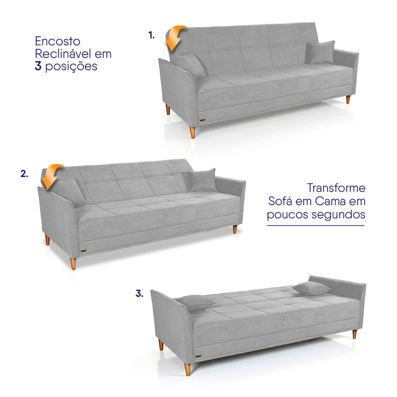 Sofá Cama Sérvia 2,02m Reclinável Bouclê Cinza
