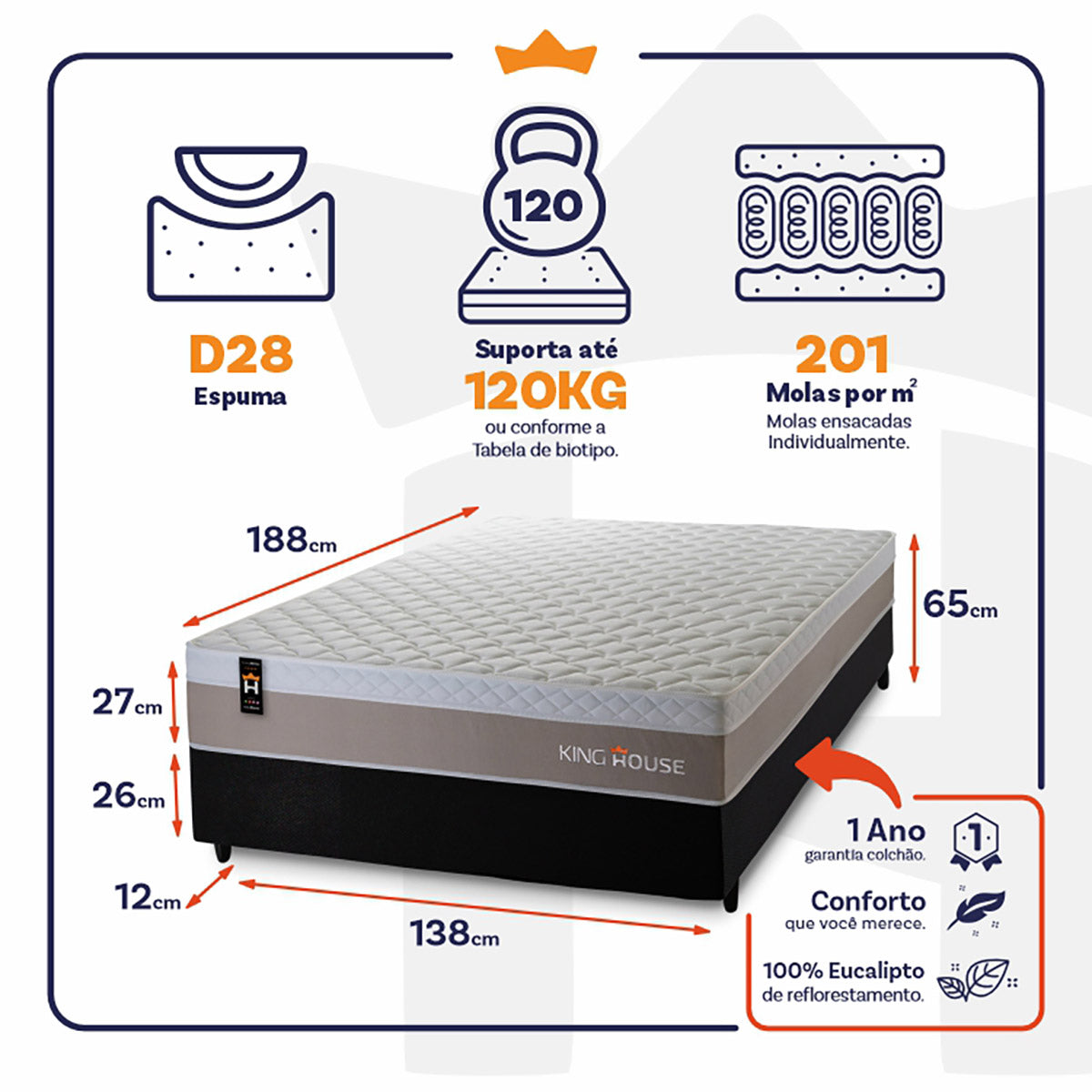 Cama Box Molas Ensacadas Sheffield Casal 138x188 King House