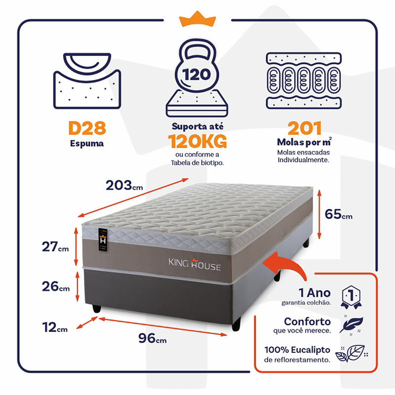 Cama Box Molas Ensacadas Sheffield 96x203 Cinza King House