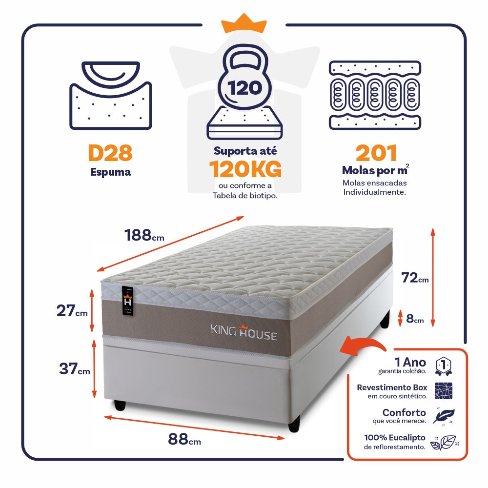 Cama Box Baú Sheffield 88x188 c/ Molas Ensacadas King House