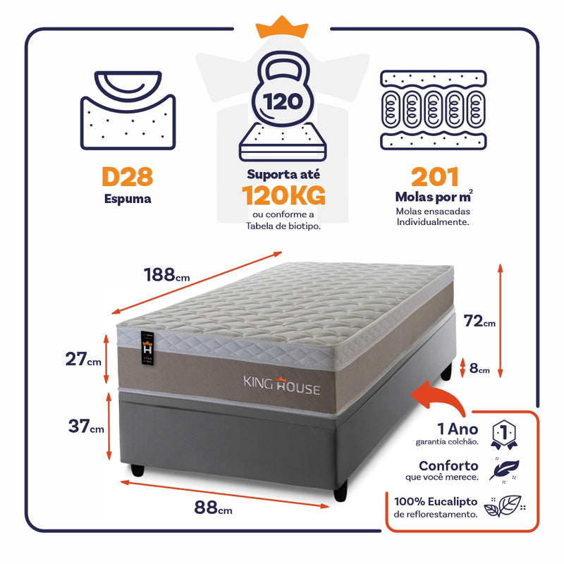 Cama Box Baú Sheffield 88x188 c/ Molas Ensacadas King House