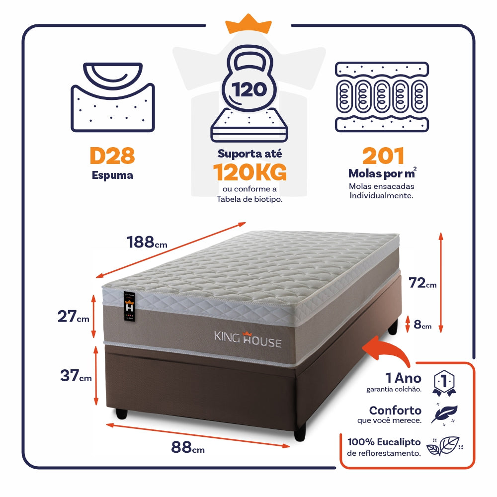 Cama Box Baú Sheffield 88x188 c/ Molas Ensacadas King House