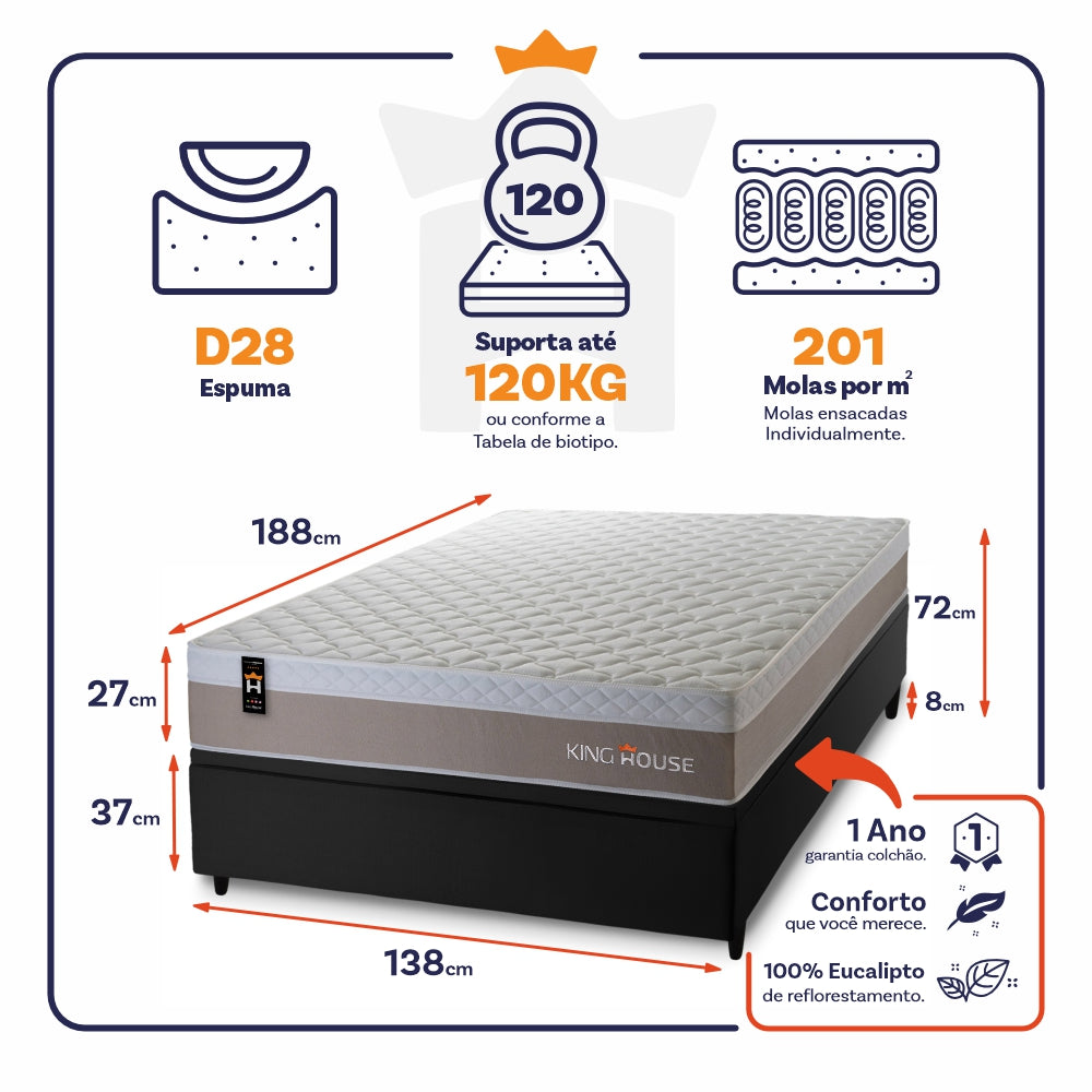 Cama Box Baú Sheffield 138x188 C/ Molas Ensacadas King House