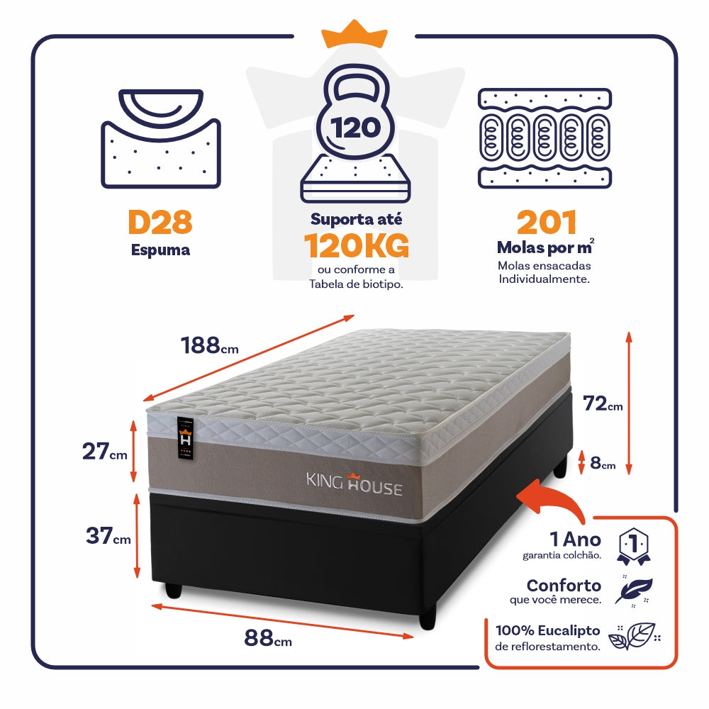 Cama Box Baú Sheffield 88x188 c/ Molas Ensacadas King House