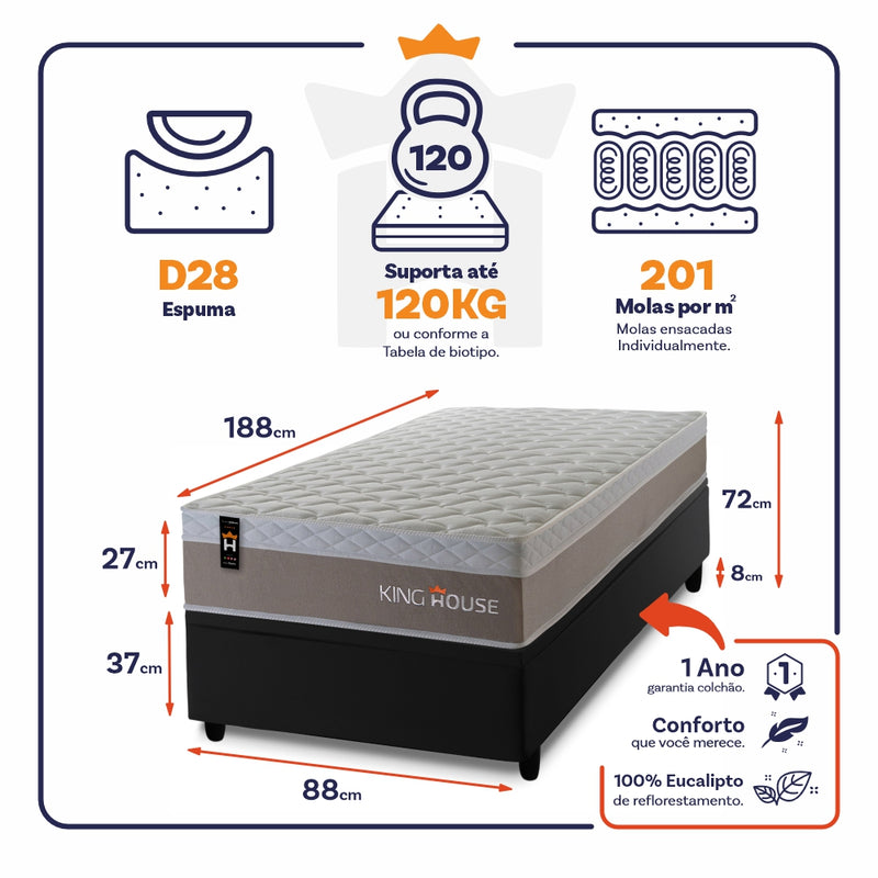 Cama Box Baú Sheffield 88x188 c/ Molas Ensacadas King House