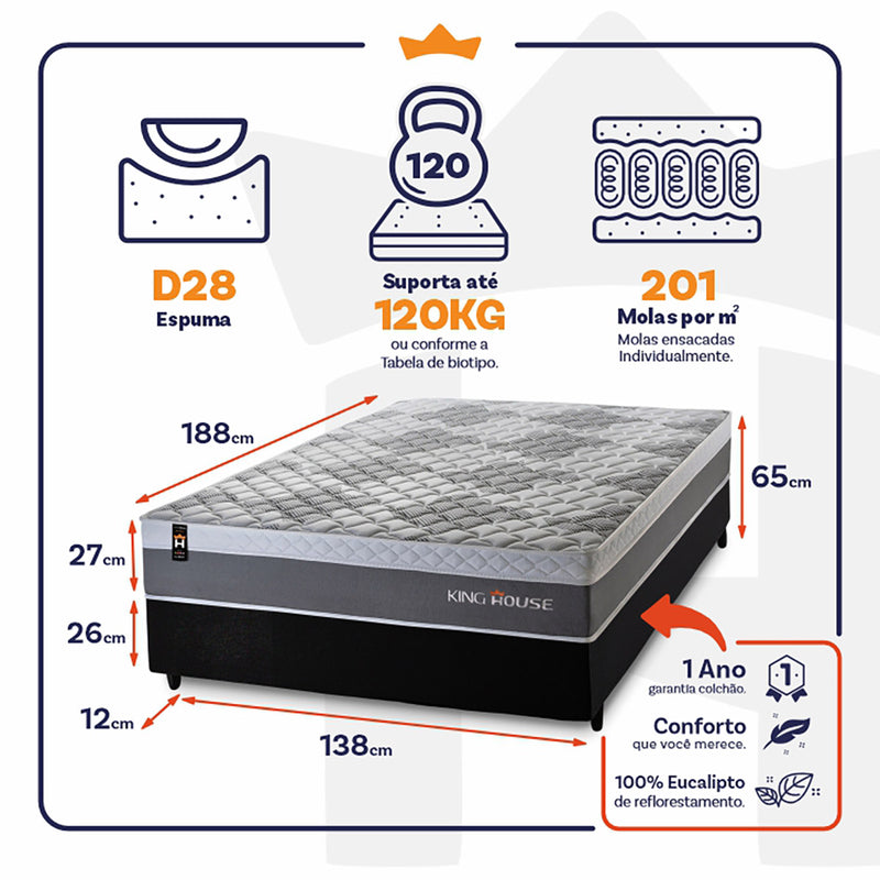 Cama Box Molas Ensacadas Sheffield Casal 138x188 King House