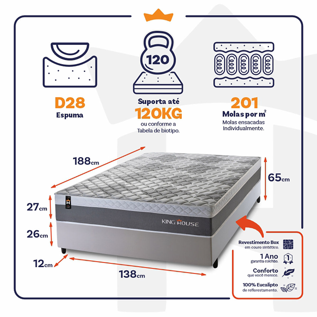 Cama Box Molas Ensacadas Sheffield Casal 138x188 King House