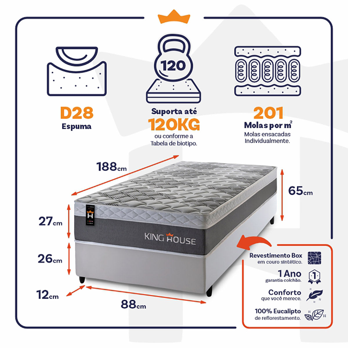 Cama Box Molas Ensacadas Sheffield 88x188 Cinza King House