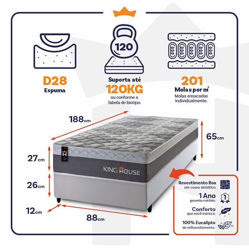 Cama Box Molas Ensacadas Sheffield 88x188 Cinza King House