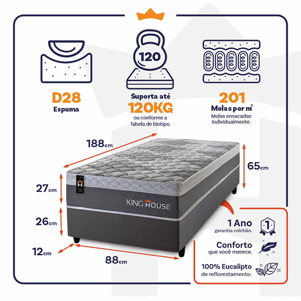 Cama Box Molas Ensacadas Sheffield 88x188 Cinza King House