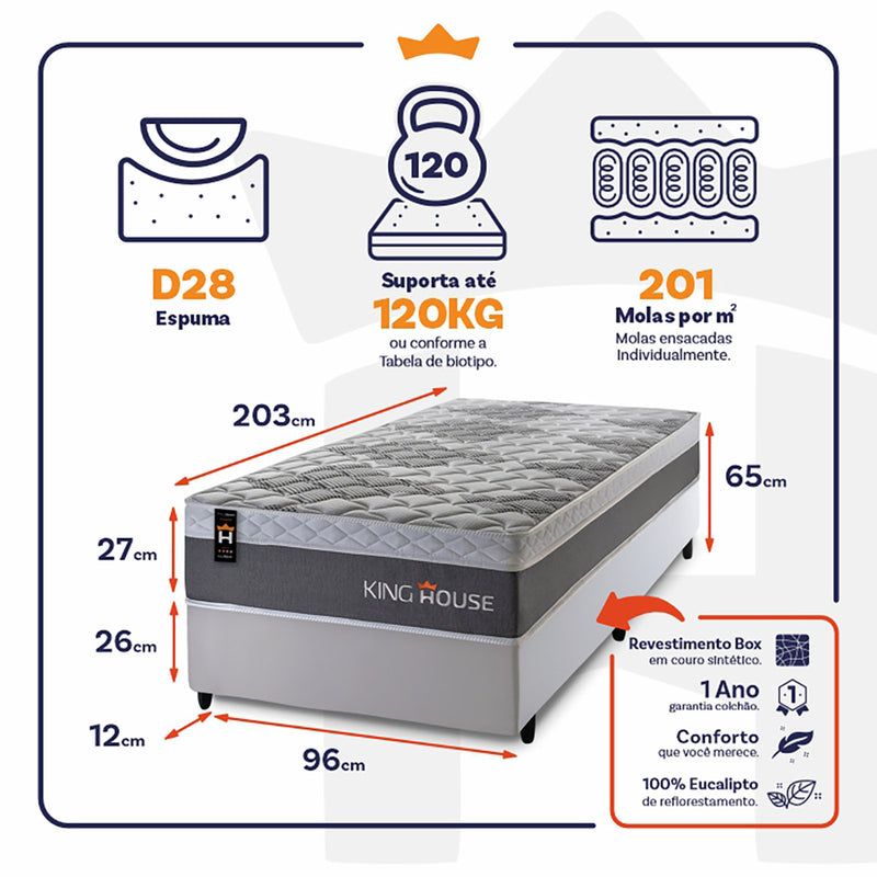 Cama Box Molas Ensacadas Sheffield 96x203 Cinza King House