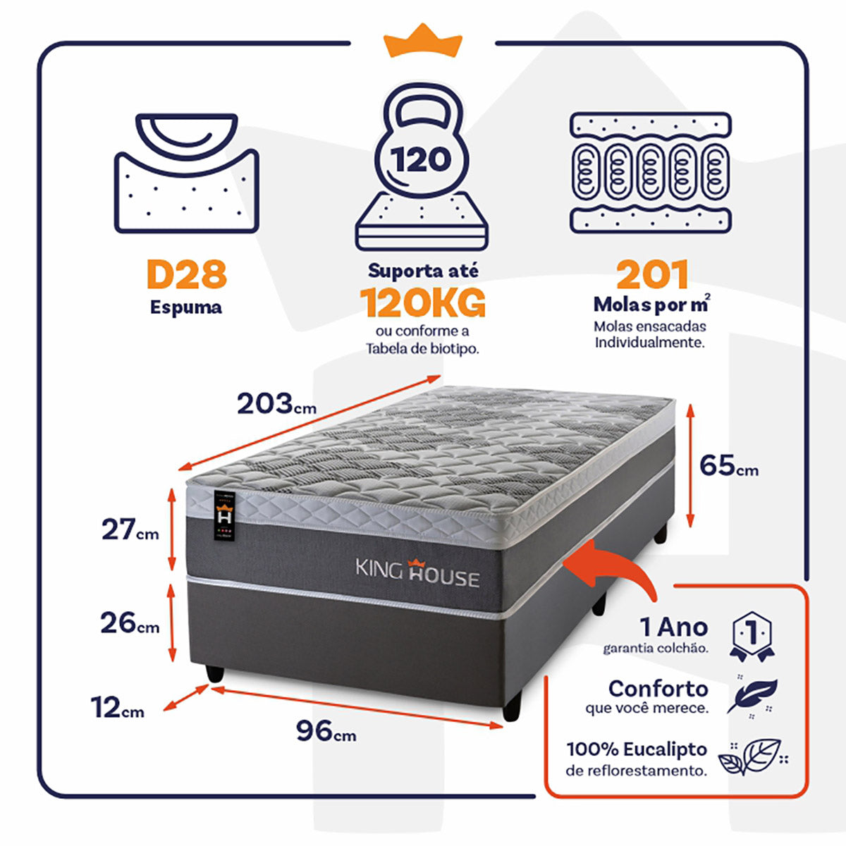 Cama Box Molas Ensacadas Sheffield 96x203 Cinza King House