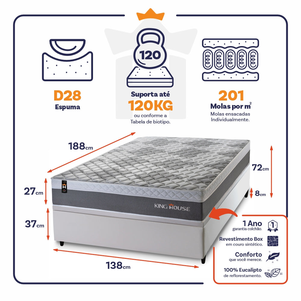 Cama Box Baú Sheffield 138x188 C/ Molas Ensacadas King House