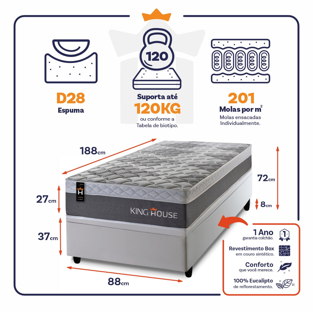 Cama Box Baú Sheffield 88x188 c/ Molas Ensacadas King House