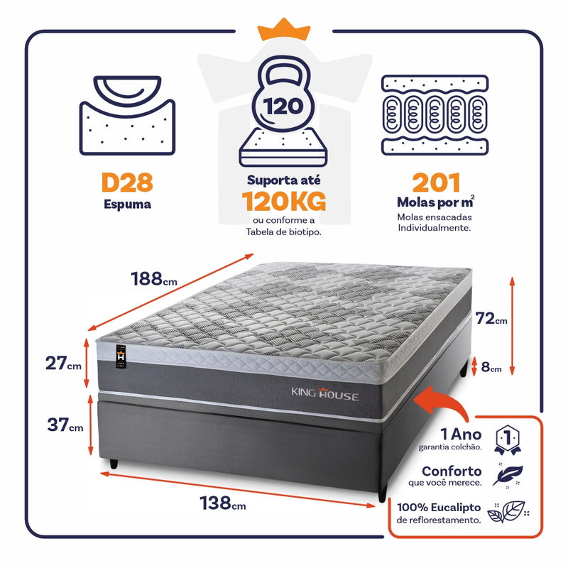 Cama Box Baú Sheffield 138x188 C/ Molas Ensacadas King House