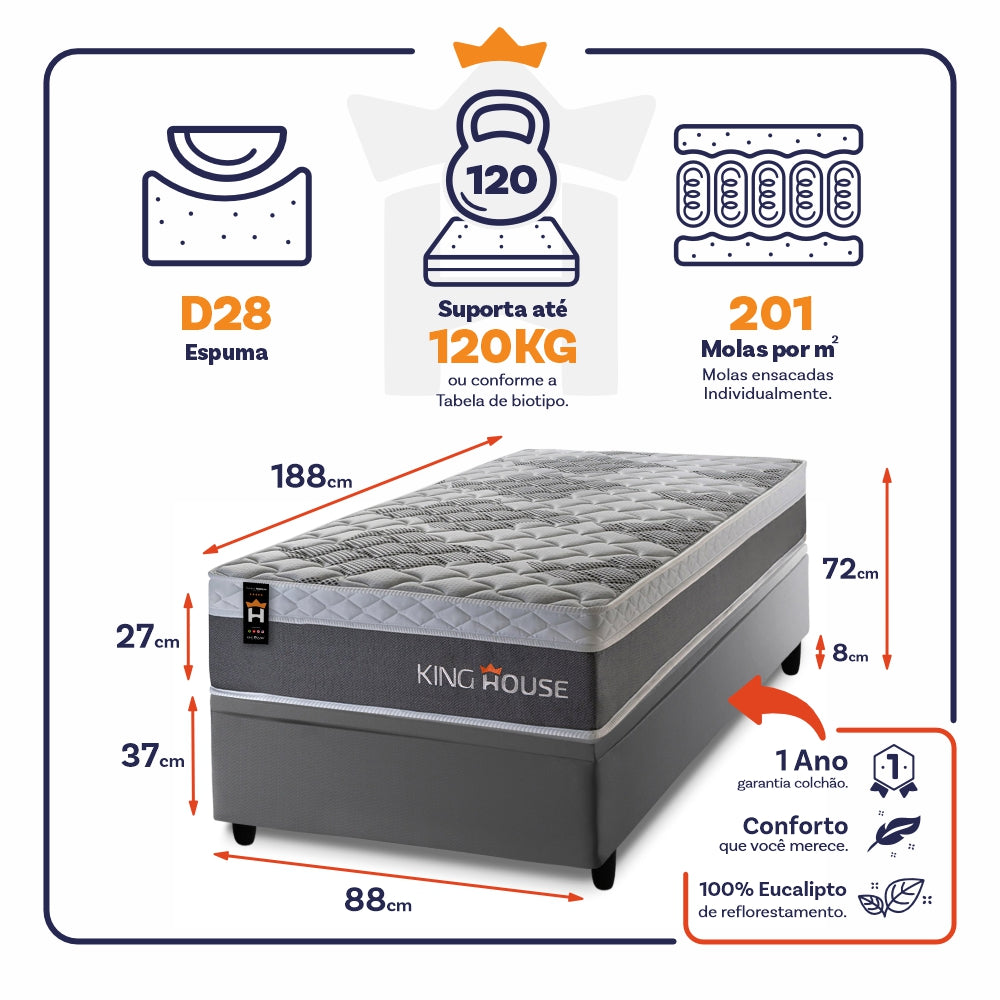 Cama Box Baú Sheffield 88x188 c/ Molas Ensacadas King House