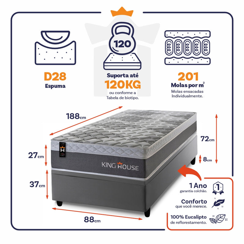 Cama Box Baú Sheffield 88x188 c/ Molas Ensacadas King House