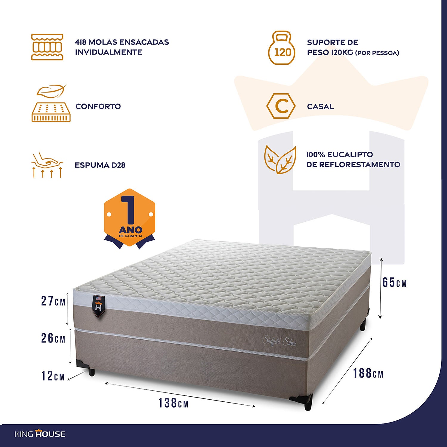 Cama Box Casal Sheffield Molas Ensacadas Bege King House