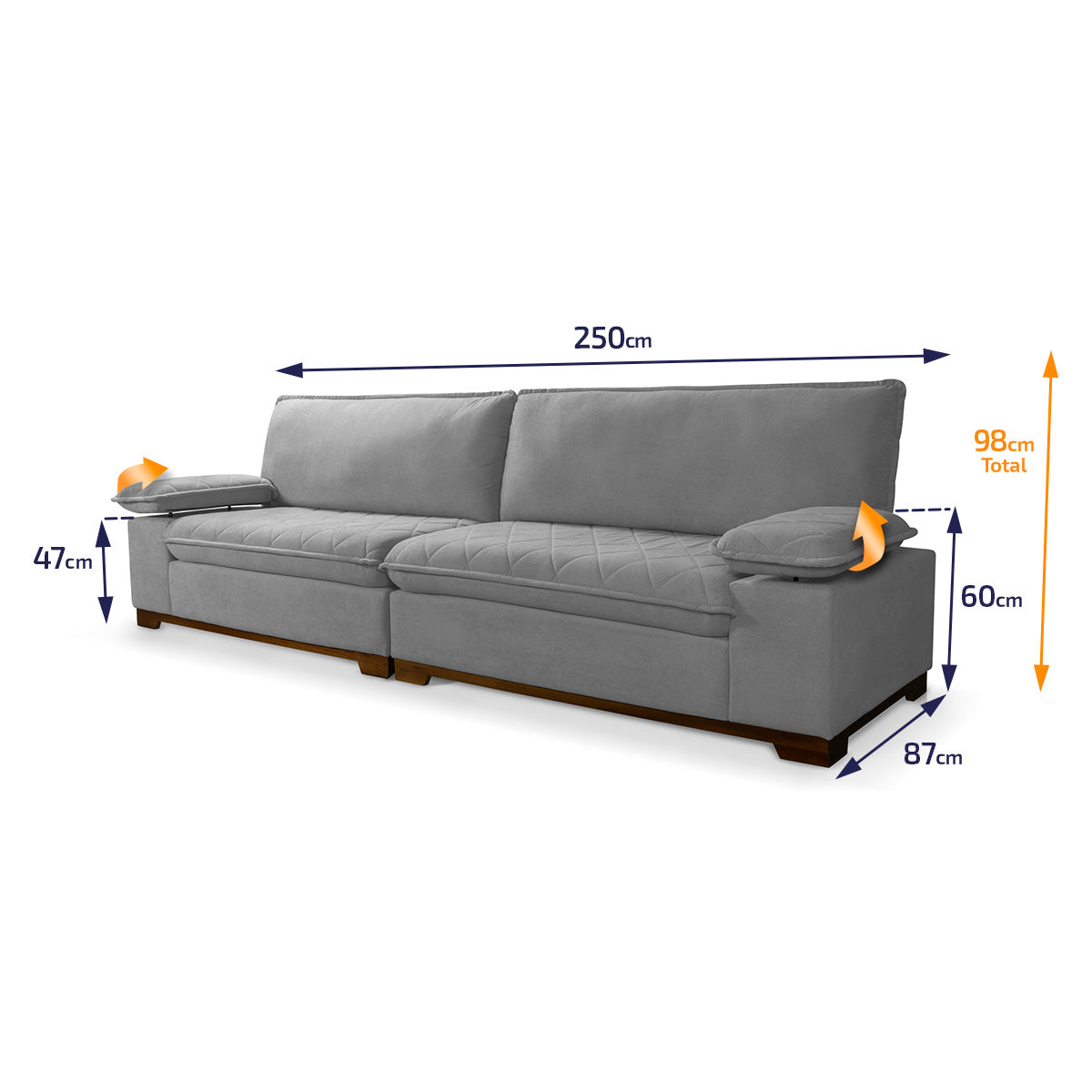 Sofá Living Siberian 2,50m Bouclê Cinza Braço Reclinável