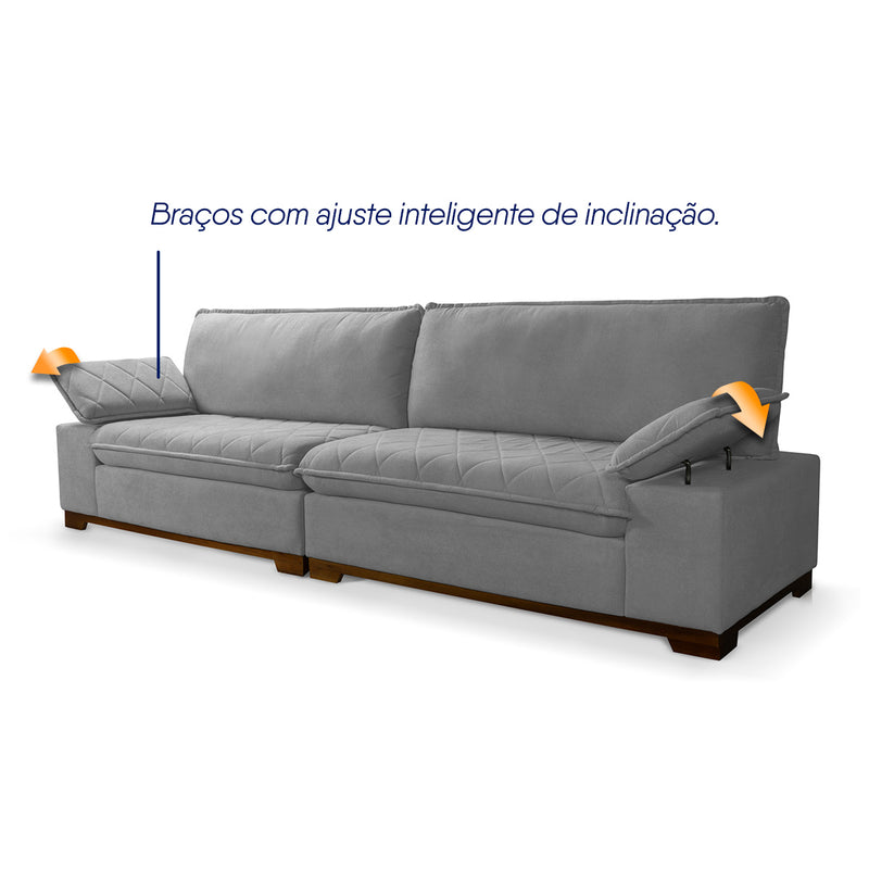 Sofá Living Siberian 2,50m Bouclê Cinza Braço Reclinável