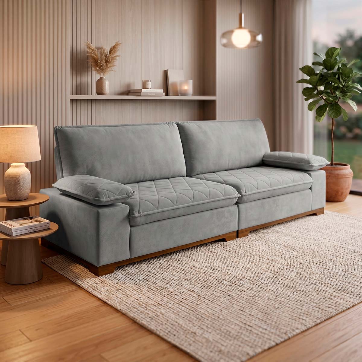 Sofá Living Siberian 3,00m Bouclê Cinza Braço Reclinável