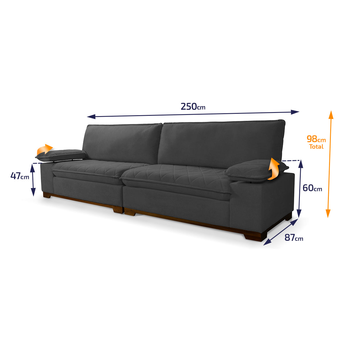 Sofá Living Siberian 2,50m Bouclê Grafite Braço Reclinável