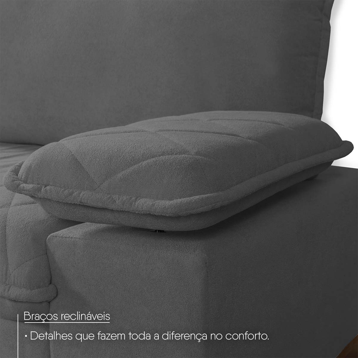 Sofá Living Siberian 2,50m Bouclê Grafite Braço Reclinável