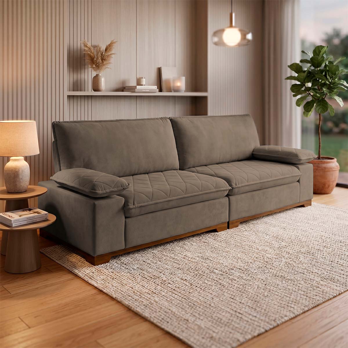 Sofá Living Siberian 2,30m Bouclê Marrom Braço Reclinável