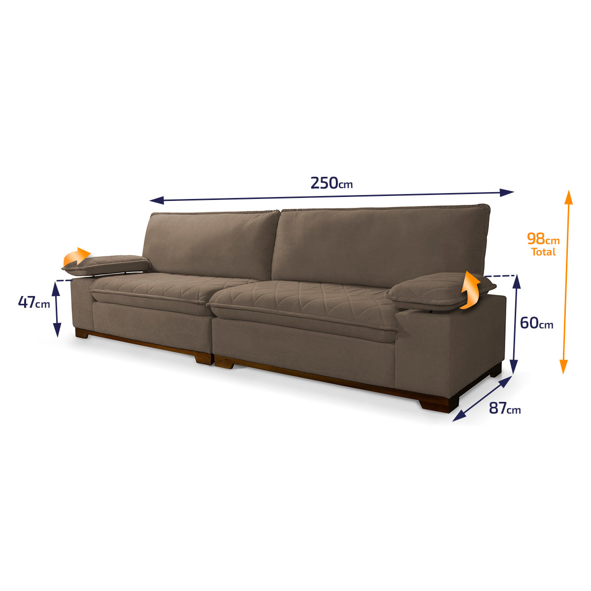Sofá Living Siberian 2,50m Bouclê Marrom Braço Reclinável