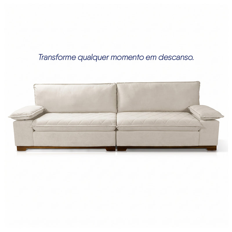 Sofá Living Siberian 2,30m Bouclê Off White Braço Reclinável