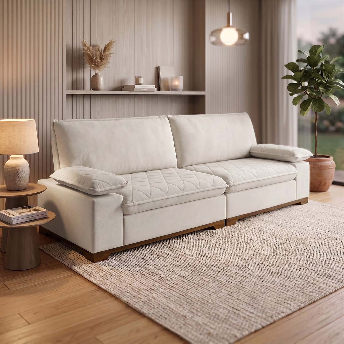 Sofá Living Siberian 2,50m Bouclê Off White Braço Reclinável