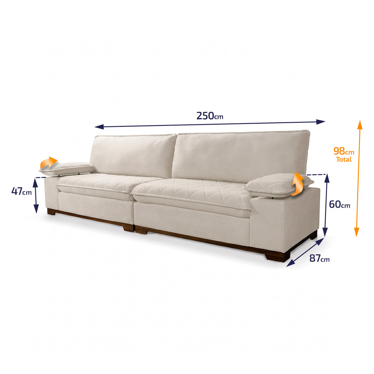 Sofá Living Siberian 2,50m Bouclê Off White Braço Reclinável