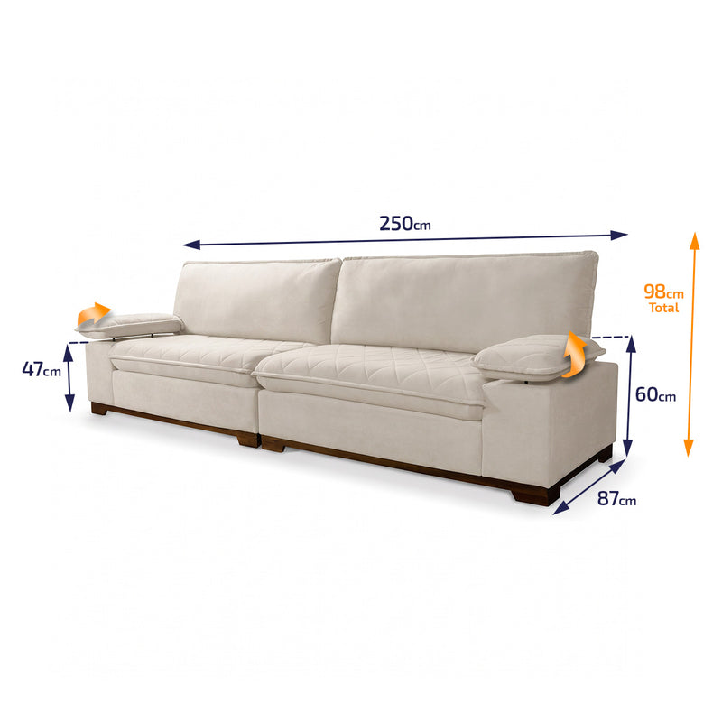 Sofá Living Siberian 2,50m Bouclê Off White Braço Reclinável