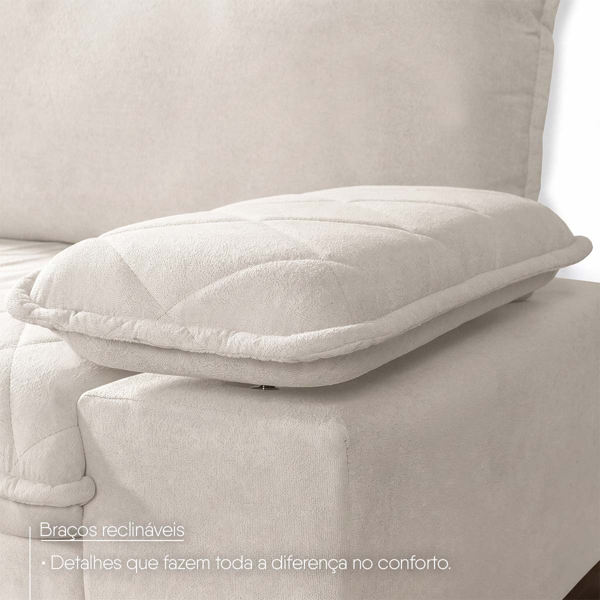 Sofá Living Siberian 2,50m Bouclê Off White Braço Reclinável