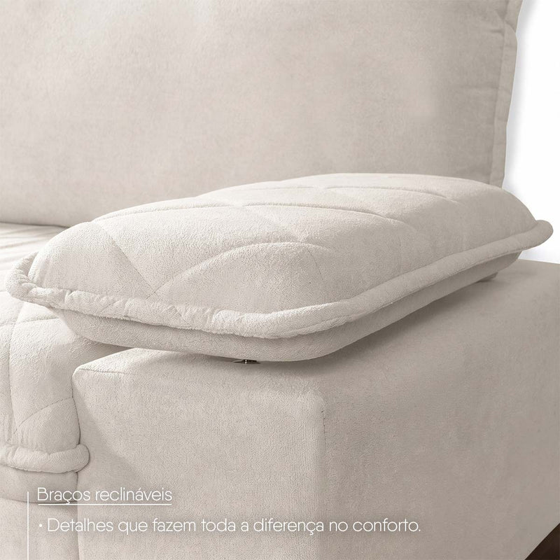Sofá Living Siberian 2,50m Bouclê Off White Braço Reclinável
