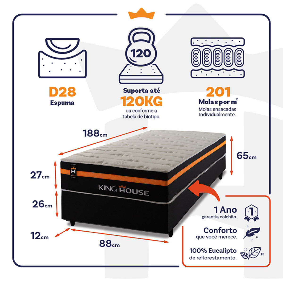 Cama Box Molas Ensacadas Sirius Solteiro 88x188 King House