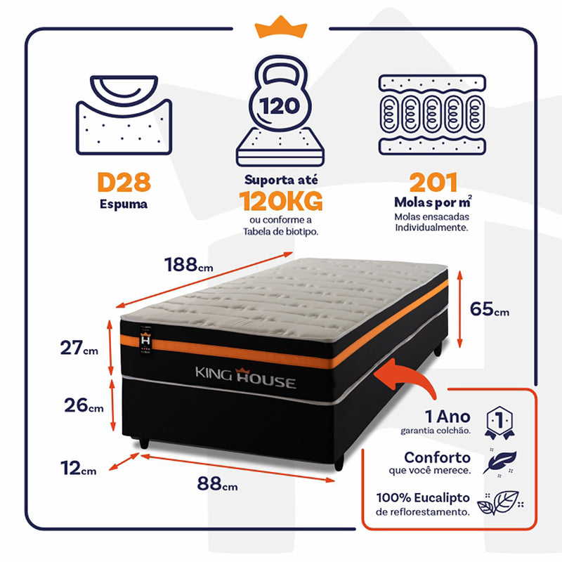 Cama Box Molas Ensacadas Sirius Solteiro 88x188 King House