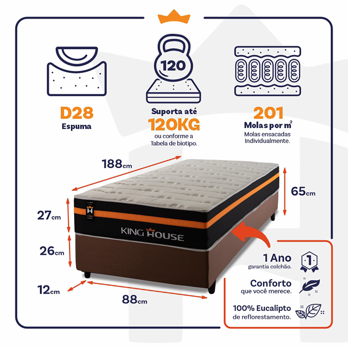 Cama Box Molas Ensacadas Sirius Solteiro 88x188 King House
