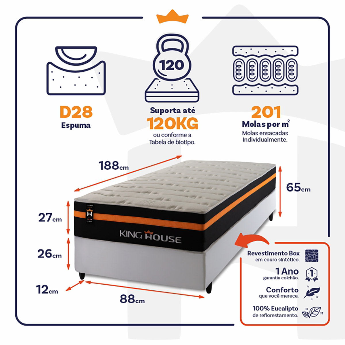 Cama Box Molas Ensacadas Sirius Solteiro 88x188 King House