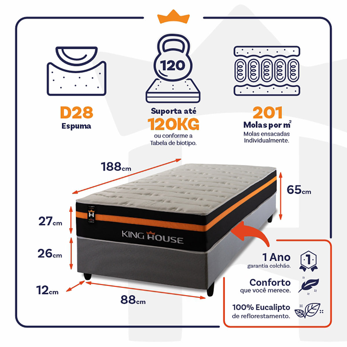 Cama Box Molas Ensacadas Sirius Solteiro 88x188 King House